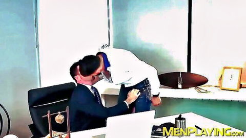 Two suited Asian men in intense office kiss, hand on crotch foreplay