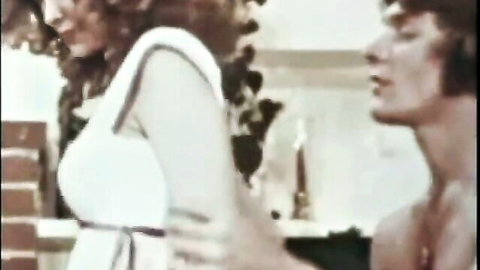Skinny big-titted babe in white dress riding reverse cowgirl in vintage porn