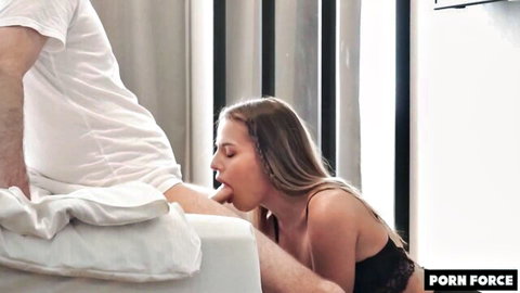 Blonde college babe in black lingerie gives intense blowjob