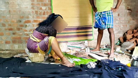 Curvy Indian babe in saree squatting low with legs spread as man watches homemade