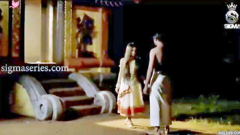 Blonde housewife in skimpy saree with big tits faces muscular shirtless man in dhoti at temple steps