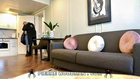 Amhyra Shy in seductive casting pose with Pierre Woodman, slim beauty bending over