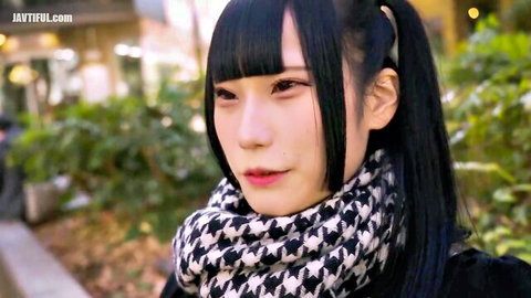 Piper G-cup Asian beauty with black ponytail and checkered scarf