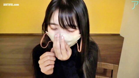 Asian office girl in mask cosplay, seductive gaze down
