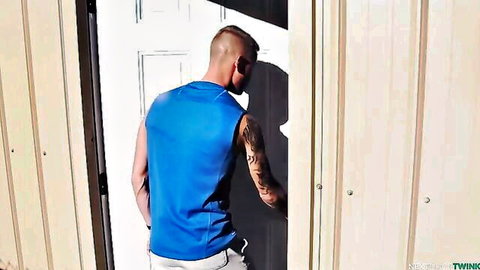 Greyson Lane muscular tattooed back in blue tank top, hot student vibe