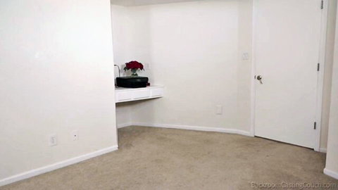 Empty backroom casting couch room with red roses on shelf before amateur pussy audition fuck