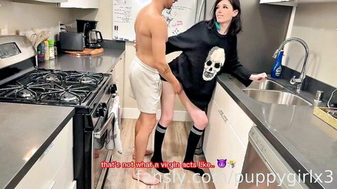 Brunette newbie in sweater and stockings bent over sink for hardcore creampie