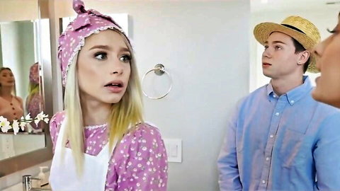Blonde step sis and Mormon BFF in pioneer costumes tease FFM threesome