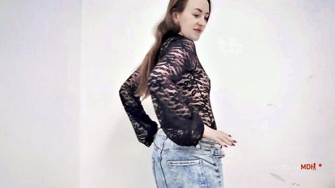 Emma in sheer black lace top and tight jeans, teasing ass in dirty-talk casting