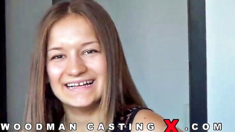 Adelle Booty brunette teen smiling in Woodman casting couch, natural big tits