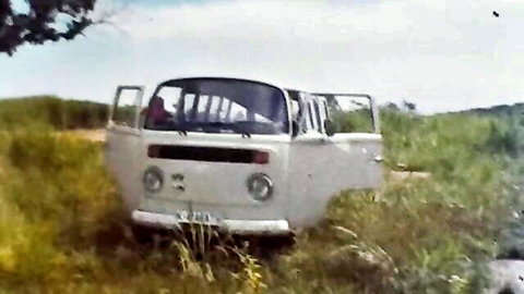 Vintage busty babes doggystyle in white VW van outdoors