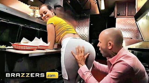 Jessie Rogers bent over counter in tight leggings, man grabs her big ass