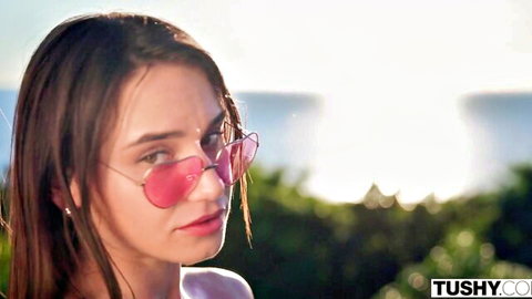 Lana Roy in pink sunglasses, seductive outdoor pose for Tushy