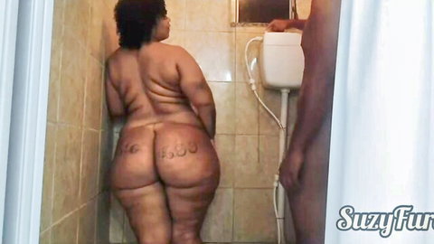 Curvy black BBW with huge tattooed ass caught naked in shower by lover