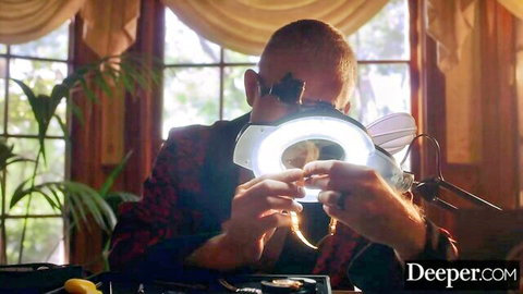 Mick Blue examines gem with loupe in Kylie Rocket domination scene, Deeper studio