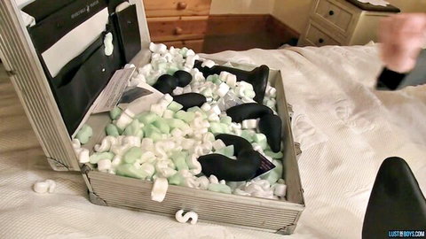 Aaron Aurora and studs unpack dildos for bareback anal pounding with James Daniels