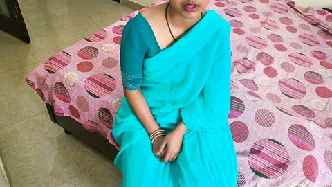 Indian bride in turquoise saree posing seductively during naughty roleplay