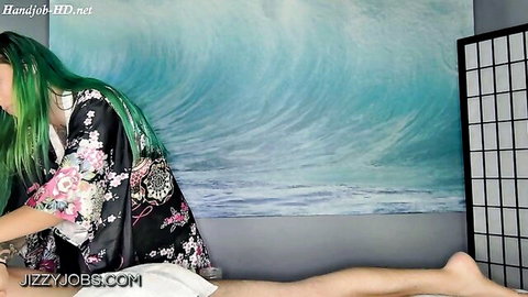 Green-haired Asian beauty in open kimono doing flexible splits for sensual massage
