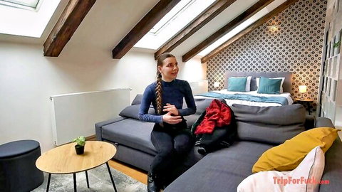 Euro woman with braid in blue top sits for POV cumshot video