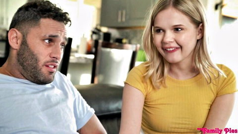 Blonde stepsister in yellow top shares sex tips with surprised bearded stepbrother