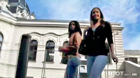 Two ebony teens walking street, picked up for outdoor hard fuck