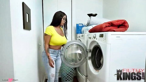 Busty ebony stepmom in yellow top bending over washer, Diego Perez scene