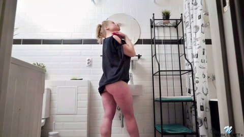 Alexa Flexy blonde in shower, top up showing small tits, pants down exposing ass
