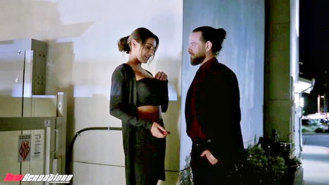 Ella Reese and Brad Newman in sexy black outfits, intimate chat before titfucking action