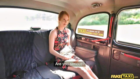 Ariela Donovan redhead in floral dress, serious in Fake Taxi cab