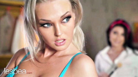 Blonde Czech Lovita Fate in blue lingerie seduces Lilly Bella