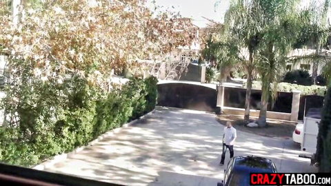Mature DILF walking up sunny palm-lined driveway to taboo home fuck