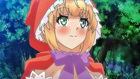 Anime Little Red Riding Hood babe with huge tits and cleavage blushing cutely in forest