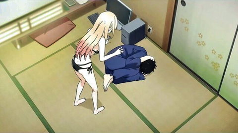 Blonde hentai babe in black bikini gropes unconscious guy's crotch on tatami floor