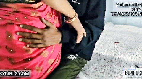 Indian BBW in red saree groped intimately by black man from behind