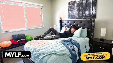 Parker Ambrose lounging on bed in Mylf threesome with Aubrey Edible, Sarah Jessie