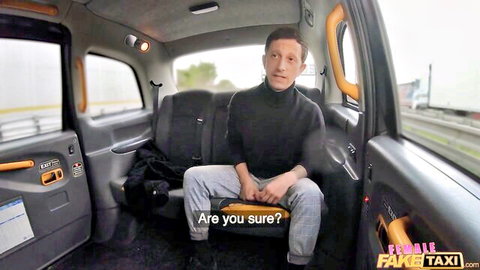 Man in Fake Taxi backseat spreading legs in turtleneck sweater with 'Are you sure?' text
