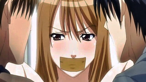 Anime babe with duct tape gag over mouth grabbed by two guys in bondage