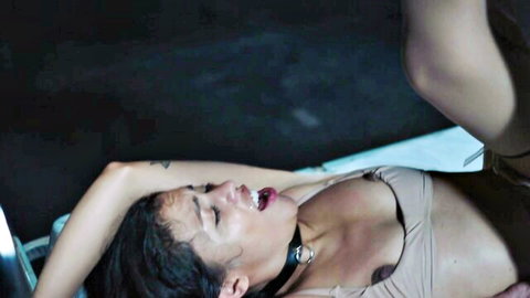 Tanned skinny young brunette with small tits and choker moans ecstatically with mouth wide open