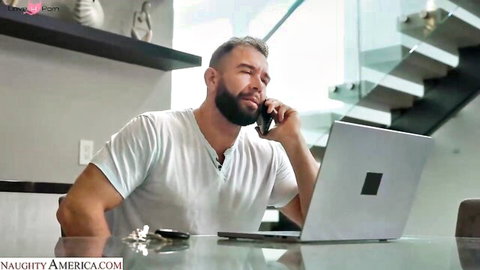 Bearded man on phone in home office, cheating scene with big tits MILF