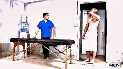Brunette masseur in scrubs stands by massage table with blond hunk in towel for gay massage