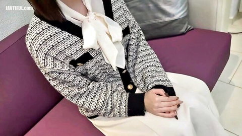 18yo Japanese babe in tweed blazer, bow blouse and skirt, sitting seductively