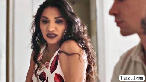 Jessy Dubai in floral off-shoulder dress seduces stepson in hot TS scene