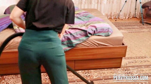 Russian teen Lizzi VogUE vacuuming in tight pants, teasing her round ass
