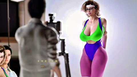 Evelyn in sexy aerobics outfit posing with MILFs for POV threesome photoshoot