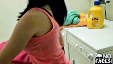 Flor bending over in pink tank top, submissive pose in daytime action with John Anthony
