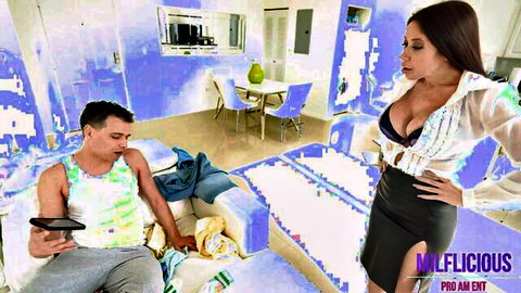 Busty brunette MILF in sheer blouse with huge cleavage and mini skirt teases sitting muscular guy