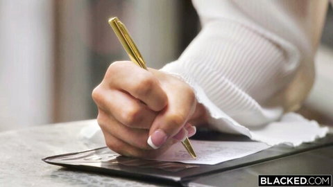 Petite blonde Paisley Porter's elegant hand writing seductively in white blouse