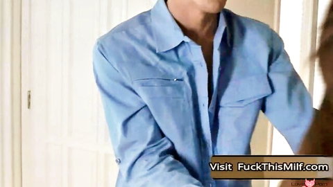 Fit MILF seduces coworker in unbuttoned blue shirt, intimate office tease