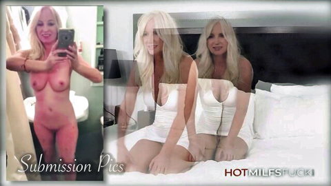Nude blonde MILF mirror selfie exposing big tits and shaved pussy next to sheer dress bed tease