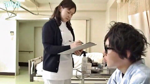 Japanese nurse in uniform checks on male patient in hospital bed, JAV seduction scene